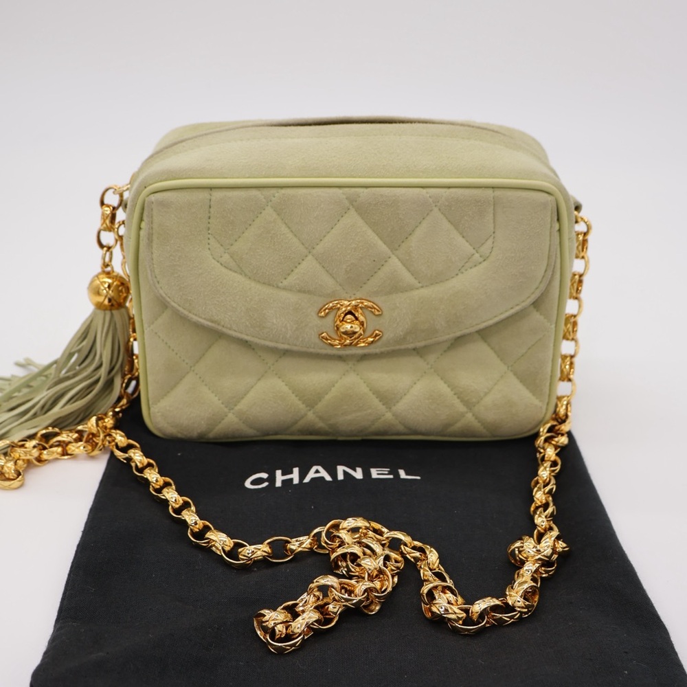 Chanel Vintage Mint Green Gold Matelasse Crossbody Bag Quilted Design
